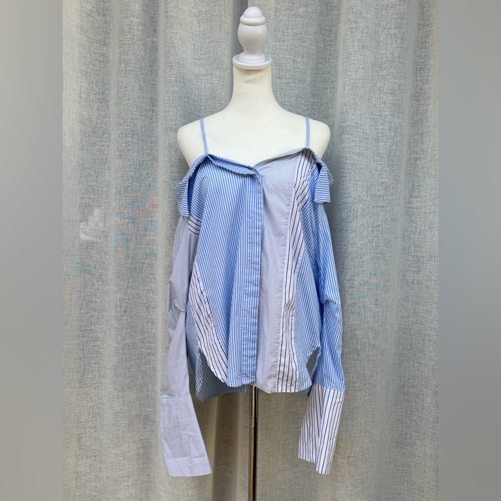 Seek The Label blue white black striped open shoulder blouse